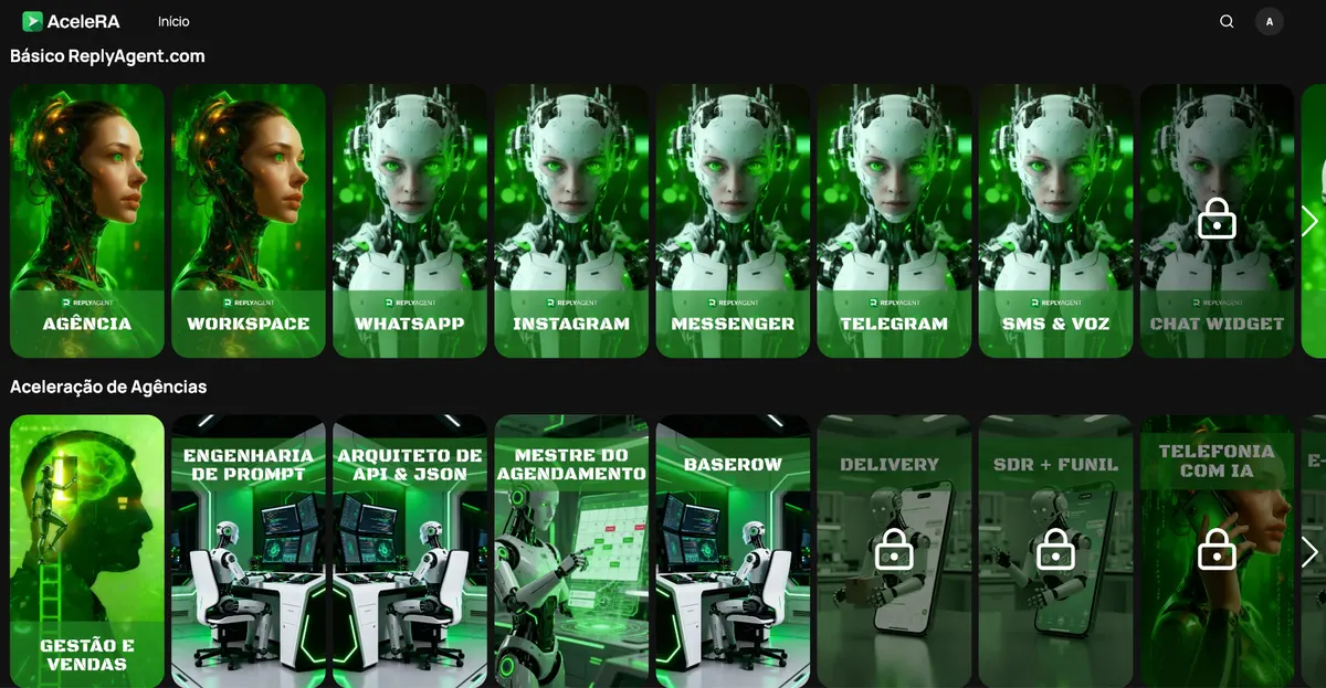 Painel da plataforma ReplyAgent com funil de vendas e dashboard de IA