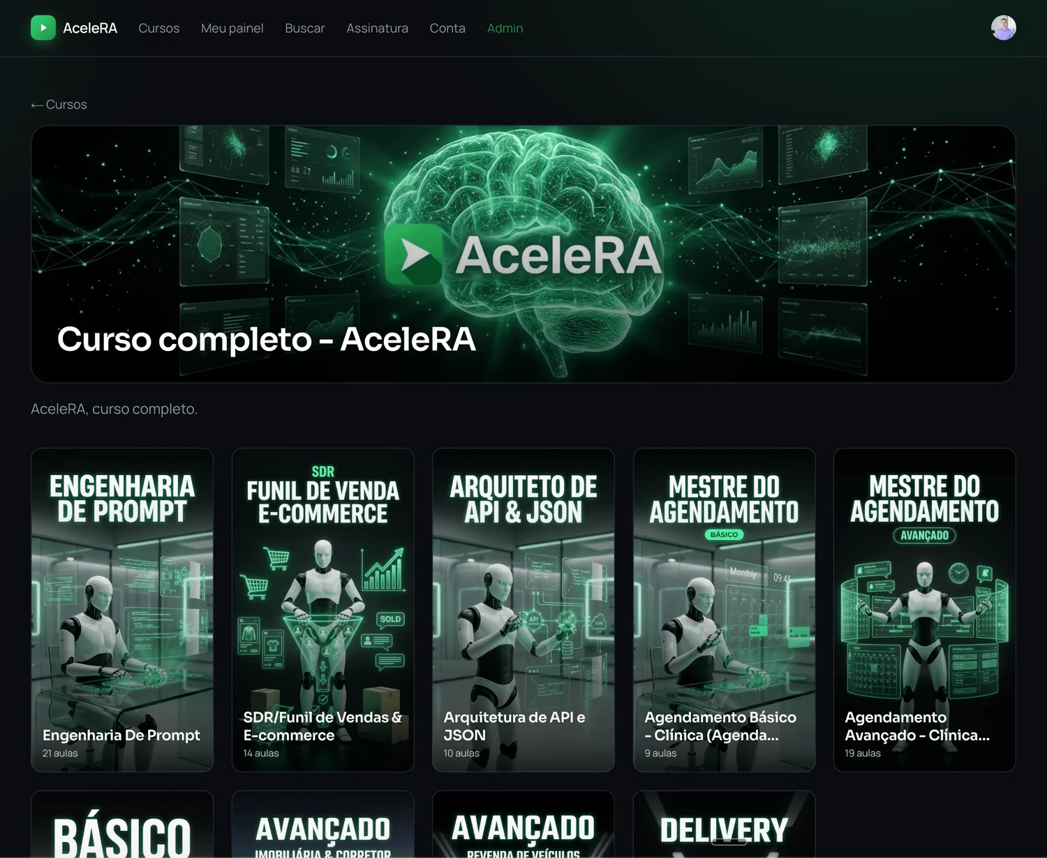 Plataforma do curso AceleRA com os módulos e as aulas